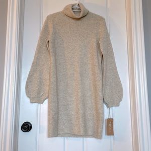 Beige Turtleneck Sweater Dress With Balloon Sleeves